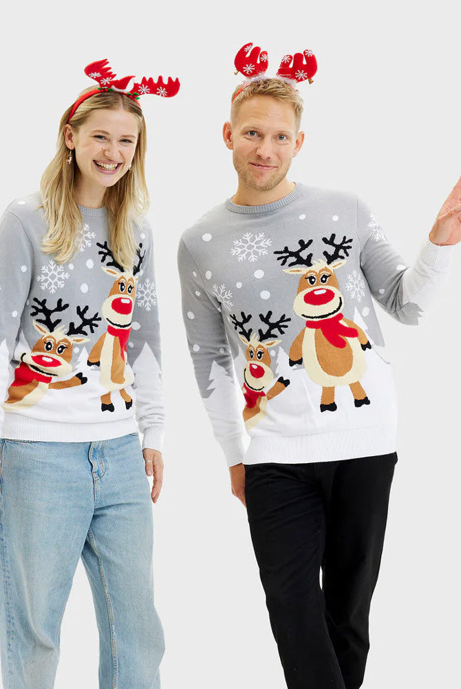 Suéter de Navidad Hombre y Mujer Gris con Renas Cute