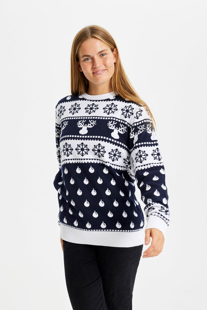 Suéter de Navidad Hombre Mujer Renos y Nieve Azul