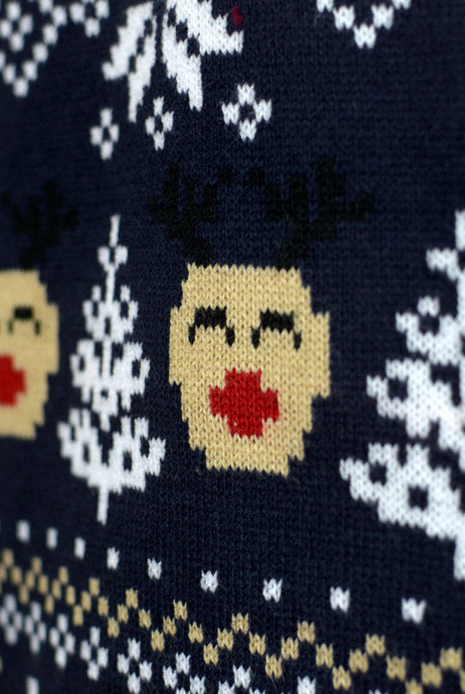Suéter de Navidad Azul Hombre Muñecos de Nieve y Cenefas