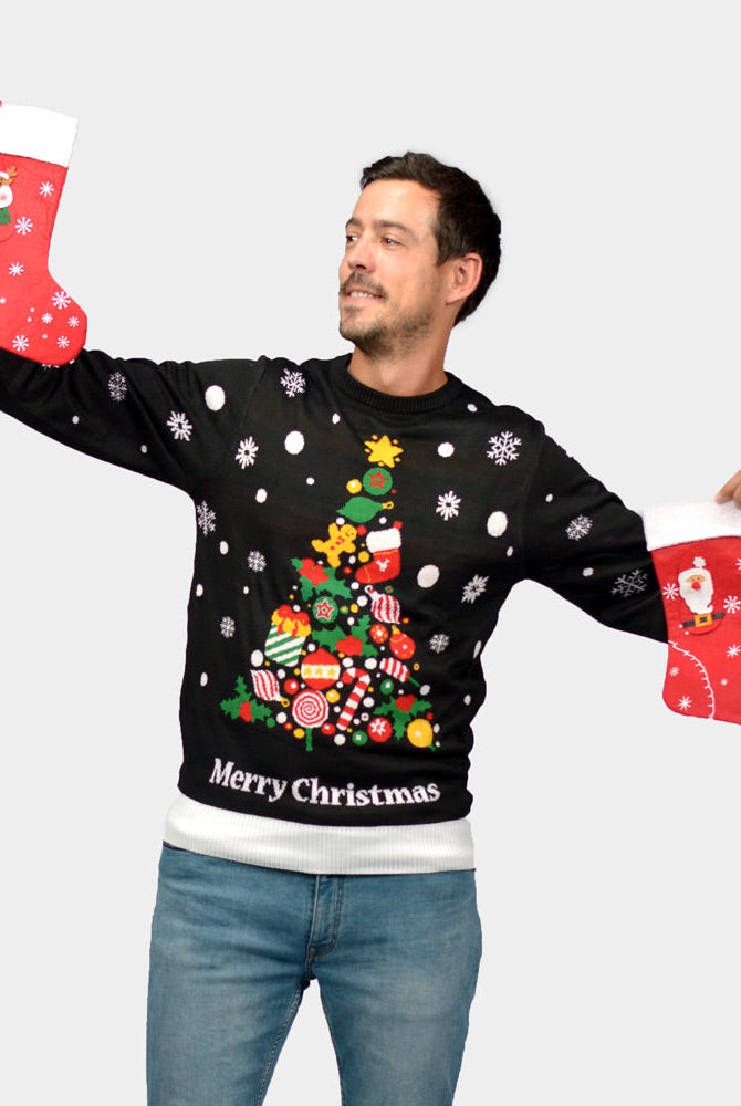Suéter de Navidad para Hombre Negro con Árbol de Navidad