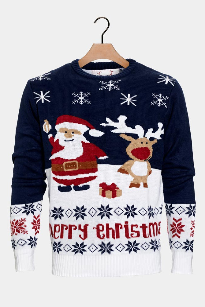 Suéter de Navidad para Hombre Azul Papá Noel y Reno Rudolph