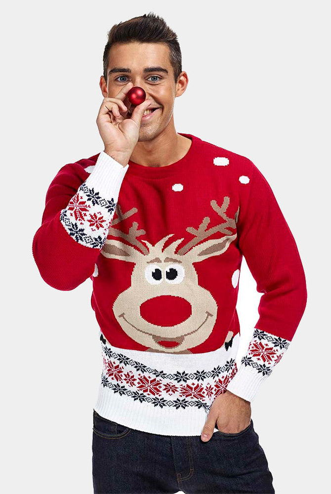Suéter de Navidad Hombre Rojo con Reno y Nieve