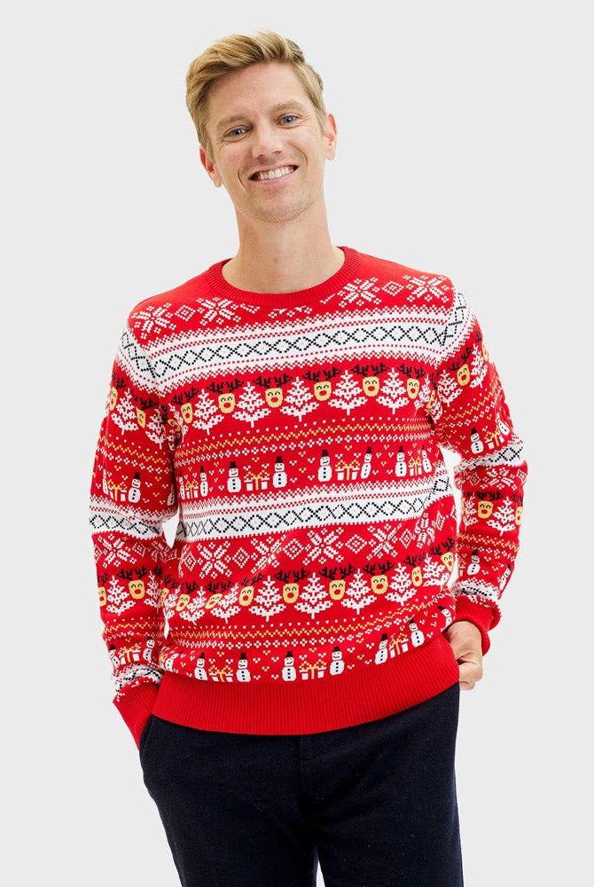 Suéter de Navidad Hombre Rojo Muñecos Nieve Cenefas Algodón Orgánico
