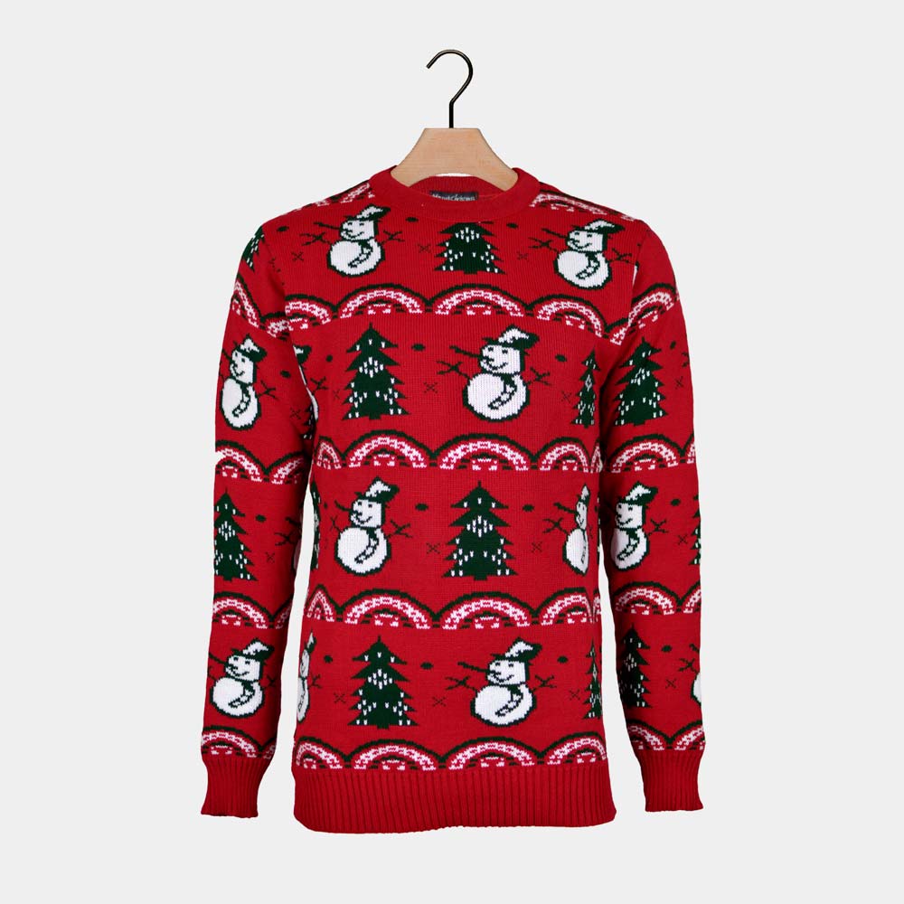 sueter de Navidad para Hombre Rojo con Pinos y Muñecos de Nieve