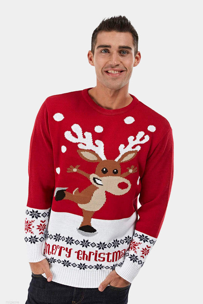 sueter de Navidad para Hombre Rojo con Reno Patinando
