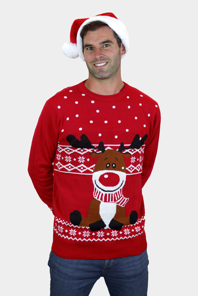Suéter de Navidad Rojo Reno Rudolph Bufanda para hombre