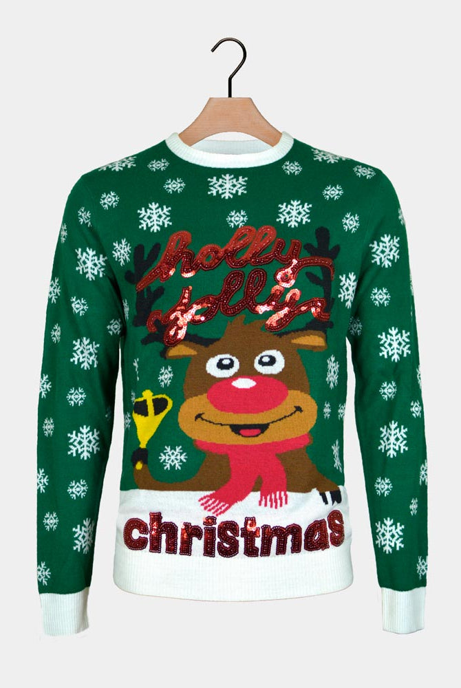 Suéter de Navidad para Hombre Verde Holly Jolly Lentejuelas