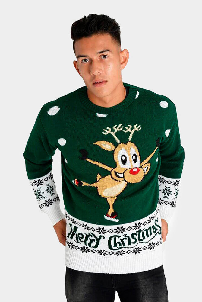 sueter de Navidad para Hombre Verde con Reno Patinando