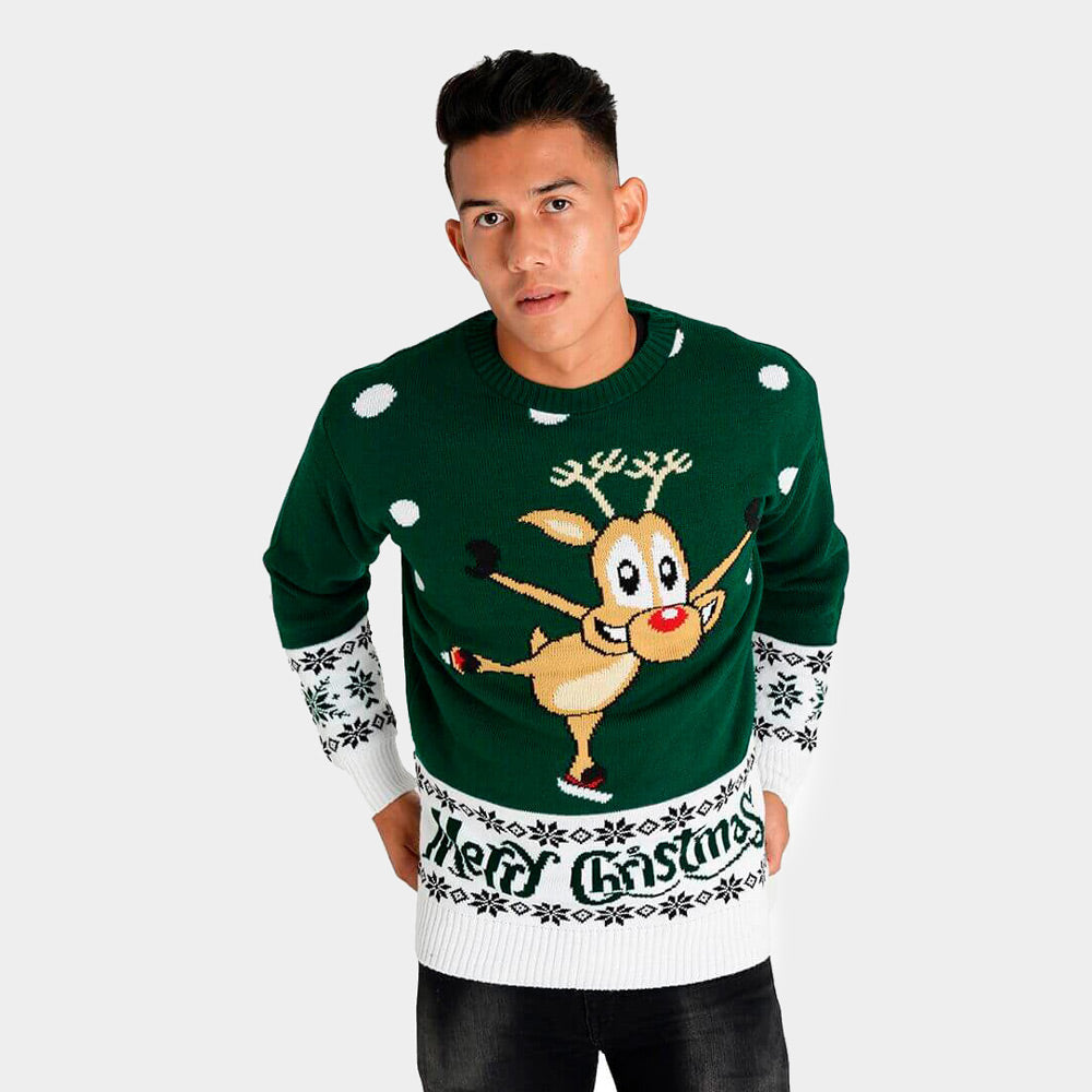 sueter de Navidad para Hombre Verde con Reno Patinando