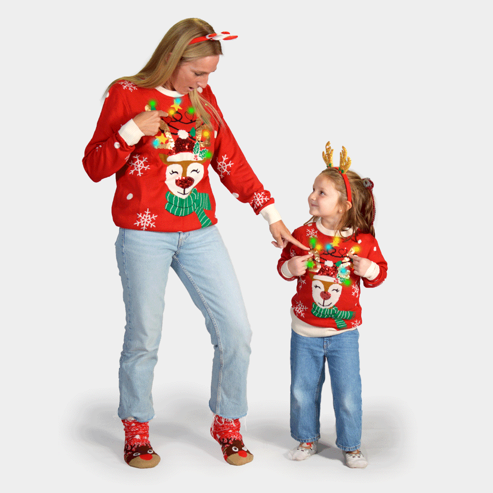 Suéter de Navidad con Luces LED para Hombre Reno Brillante con Lentejuelas Familia