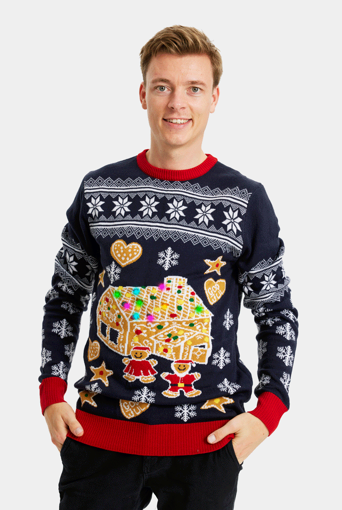 Casa Gingerbread Suéter de Navidad con Luces LED Hombre