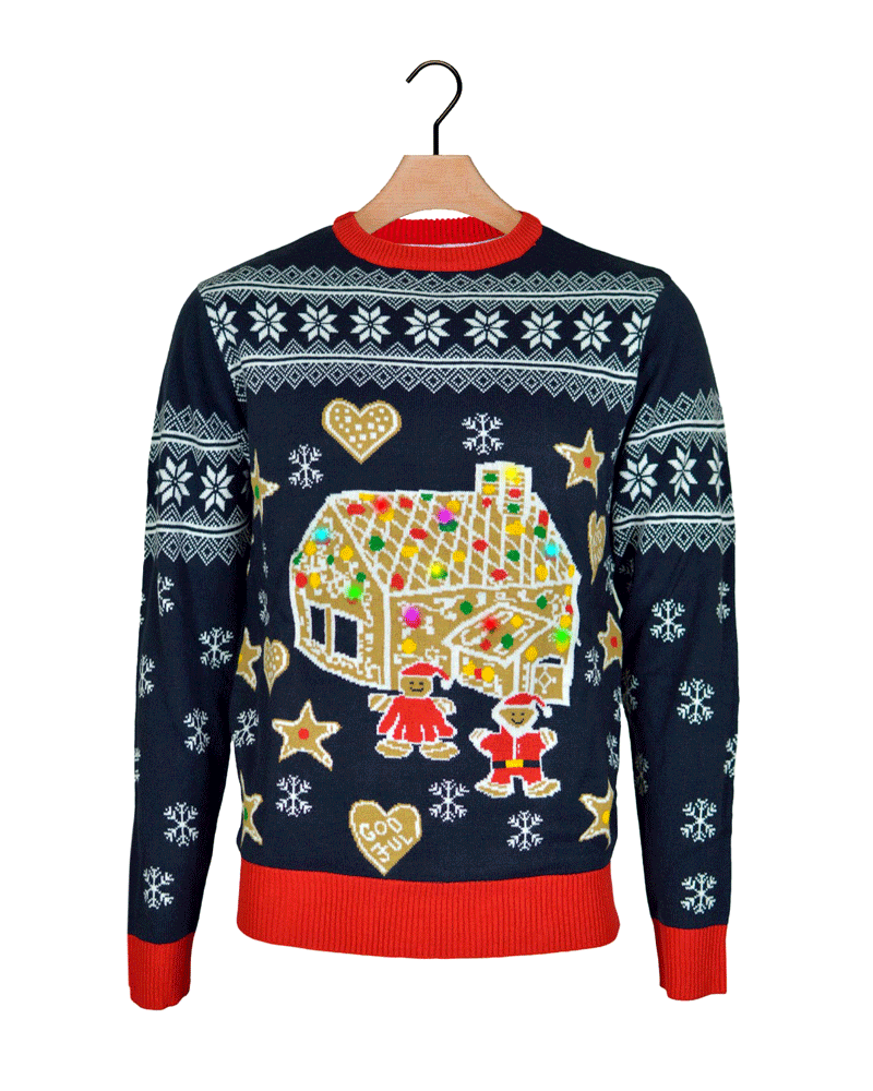Suéter de Navidad con Luces LED para Hombre Casa Gingerbread