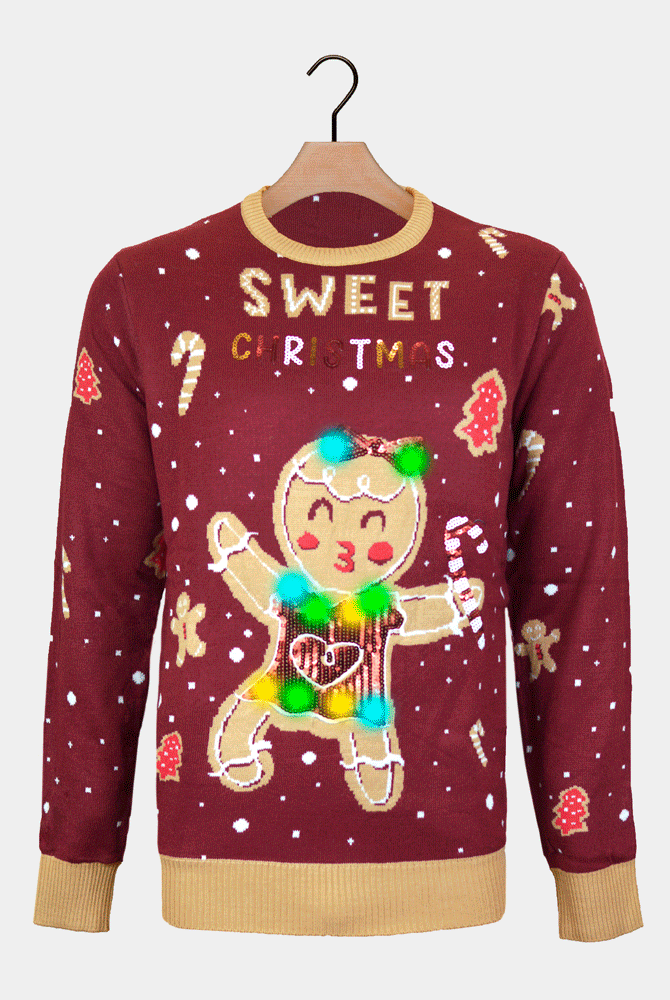 Suéter de Navidad con Luces LED para Hombre Rojo Ginger Cookie