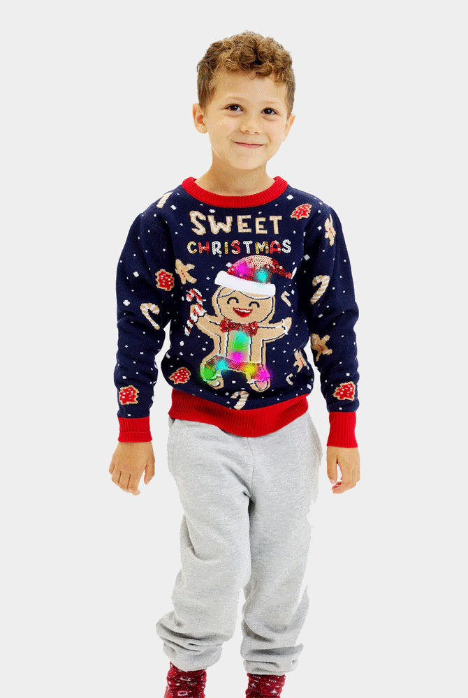 Suéter de Navidad Cookie Luces LED Niño Azul Ginger