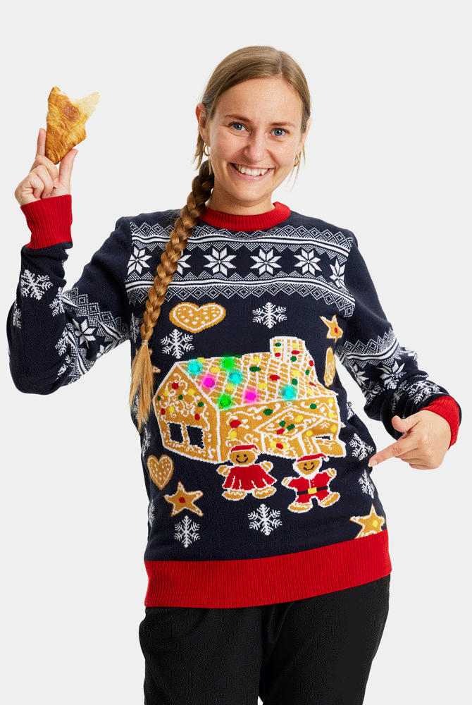 Suéter de Navidad con Luces LED Parejas Casa Gingerbread Mujer