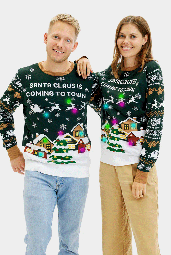 Suéter de Navidad con Luces LED para Mujer Santa is Coming to Town Hombre