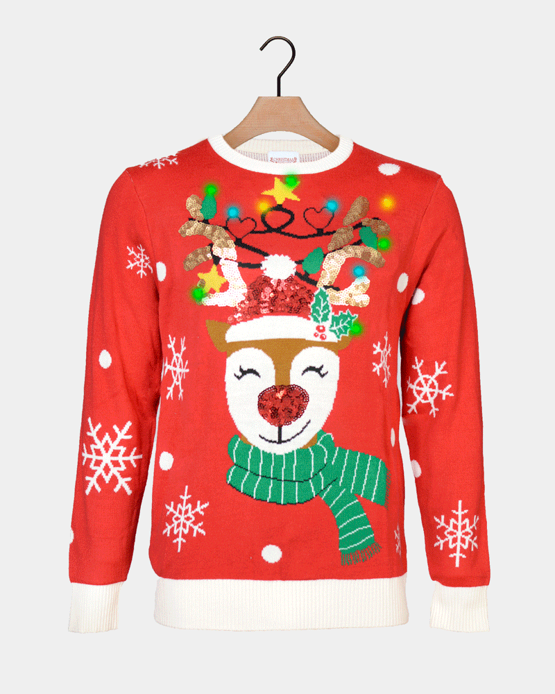 Suéter de Navidad con Luces LED para Niña y Niño Brillante con Lentejuelas Reno