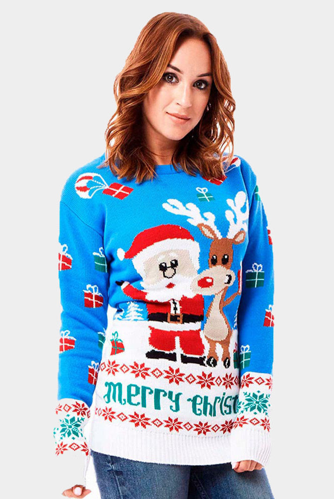 sueter de Navidad Mujer Azul Claro Reno y Papá Noel