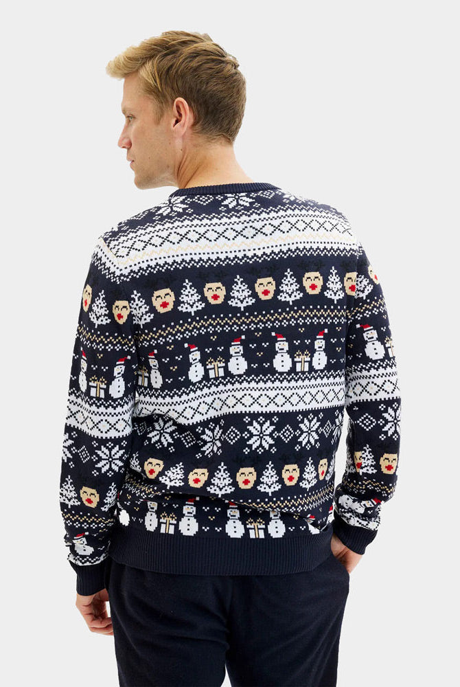 Suéter de Navidad para Mujer Azul Muñecos de Nieve y Cenefas Hombre
