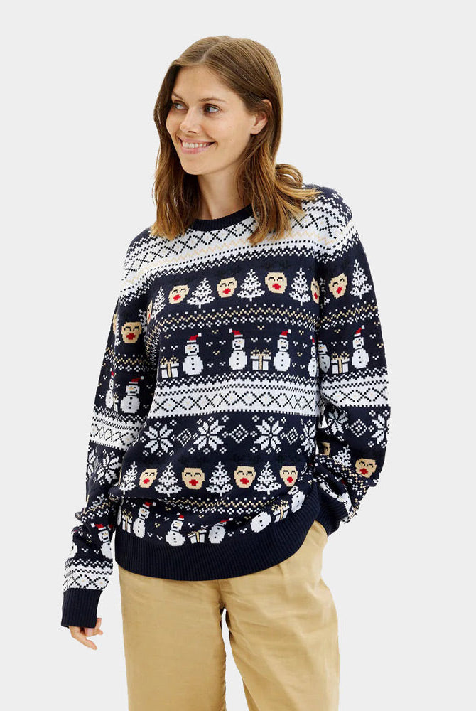 Suéter de Navidad para Mujer Azul Muñecos de Nieve y Cenefas