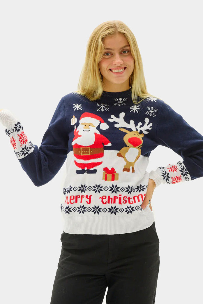 Suéter de Navidad Mujer Azul Papá Noel Reno Rudolph Algodón Orgánico