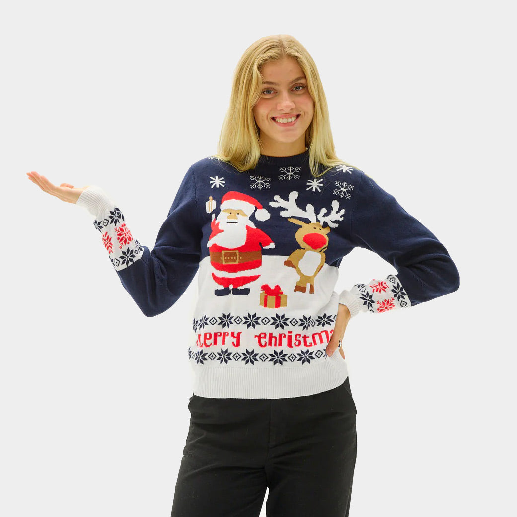 Suéter de Navidad Mujer Azul Papá Noel Reno Rudolph Algodón Orgánico