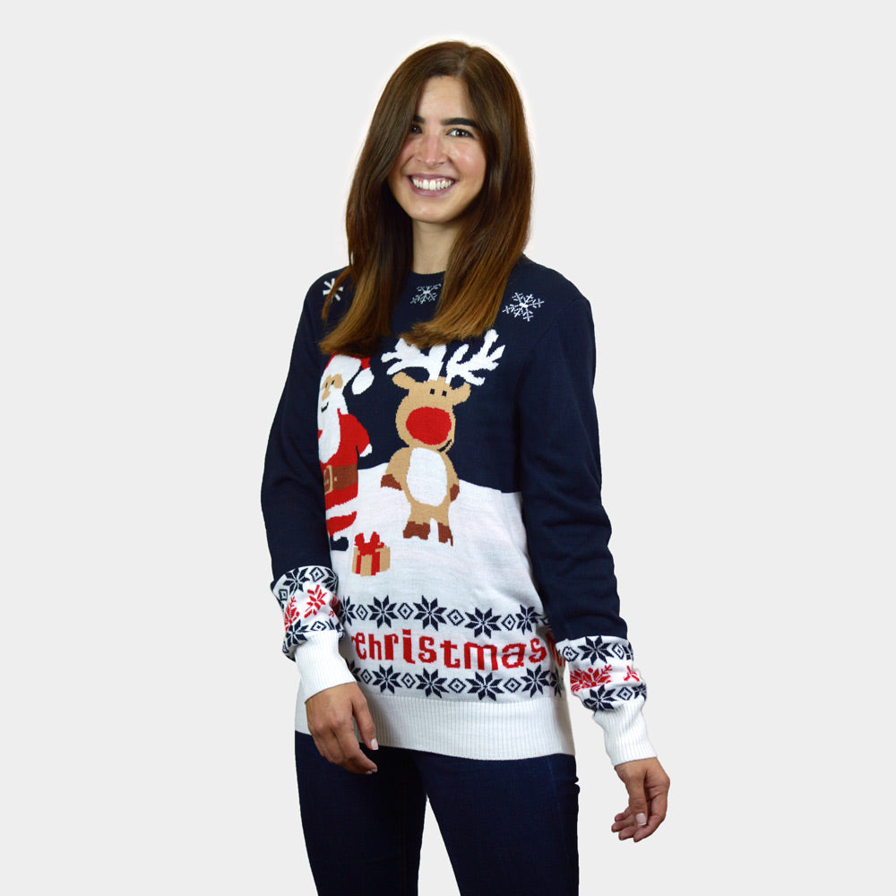 Suéter de Navidad Azul Papá Noel Reno para Mujer Rudolph Algodón Orgánico