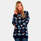 sueter de Navidad para Mujer Azul con Renos, Regalos y Pinos