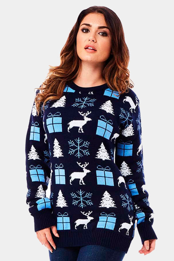 sueter de Navidad Mujer Azul con Renos, Regalos y Pinos