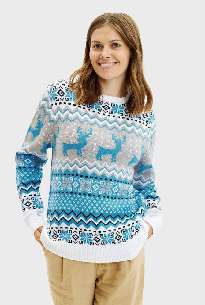 Suéter de Navidad para Mujer Blanco, Gris y Azul con Renos Elegante