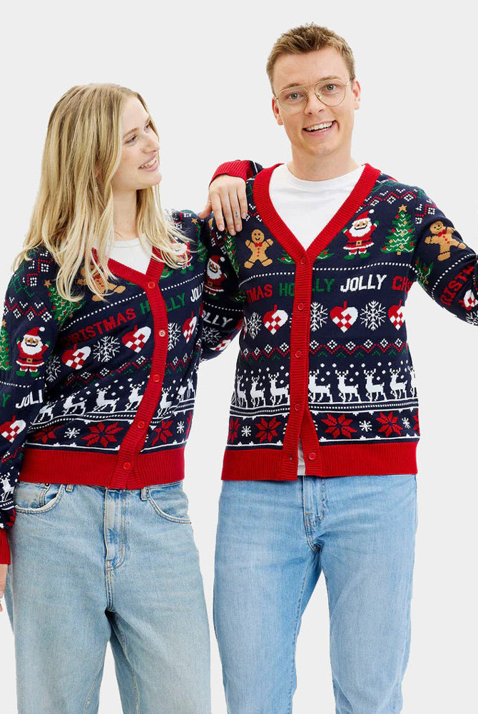 Hombre Suéter de Navidad para Mujer Cárdigan Azul y Rojo