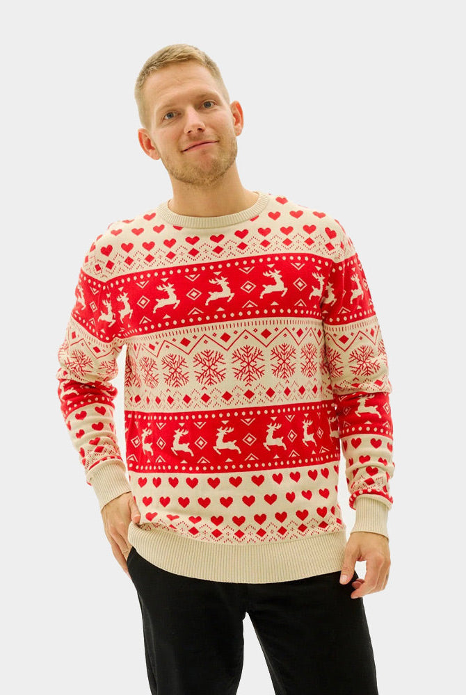 Suéter de Navidad Mujer Corazones Hombre Rojos Beige Algodón Orgánico
