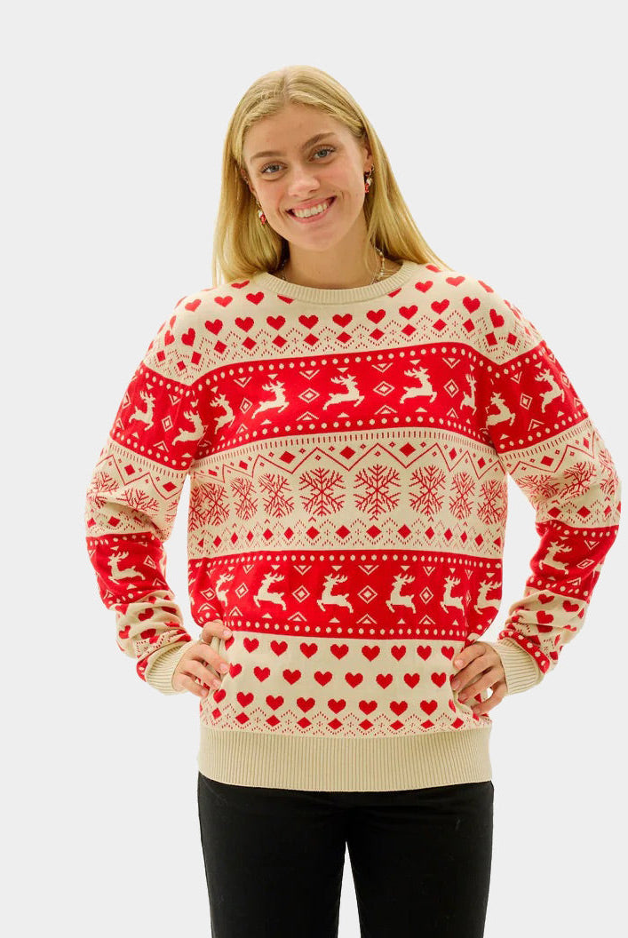 Algodón Orgánico Suéter de Navidad para Mujer Corazones Rojos y Beige