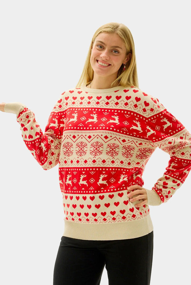 Suéter de Navidad para Mujer Corazones Rojos y Beige Algodón Orgánico