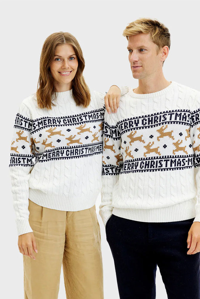 Suéter de Navidad Hombre y Mujer Elegante Blanco Renos Algodón Orgánico