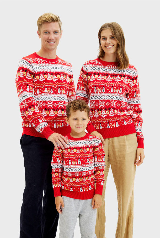 Suéter de Navidad Mujer Familia Rojo Muñecos Nieve Cenefas Algodón Orgánico