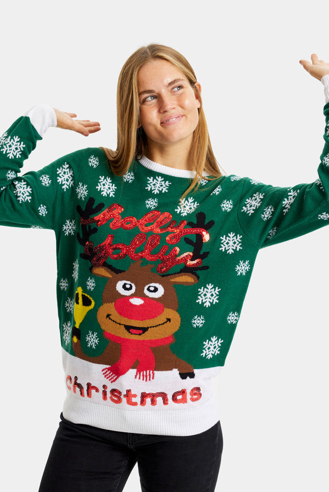 Suéter de Navidad Mujer Verde Holly Jolly Lentejuelas