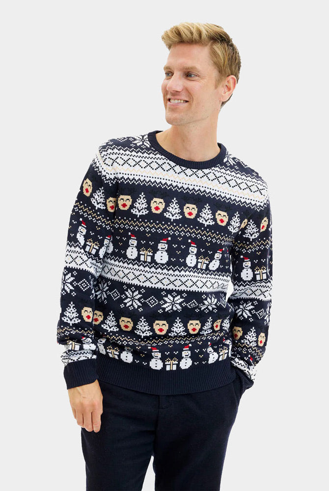 Suéter de Navidad Hombre y Mujer Azul Muñecos de Nieve y Cenefas