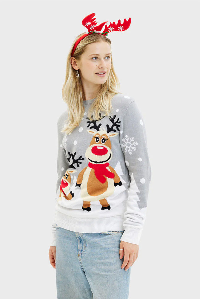 Suéter de Navidad Mujer y Hombre Gris con Renas Cute