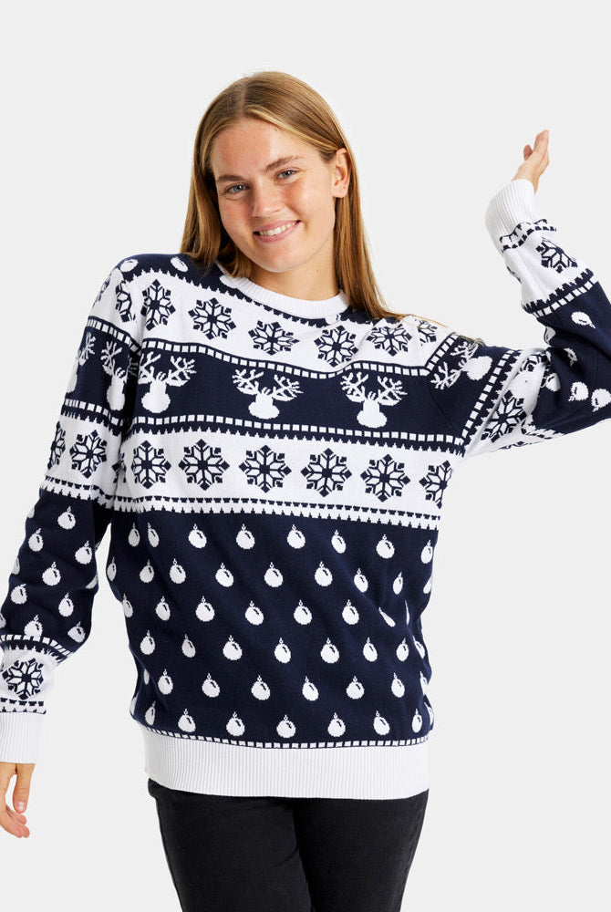 Suéter de Navidad Mujer Hombre con Renos y Nieve Azul