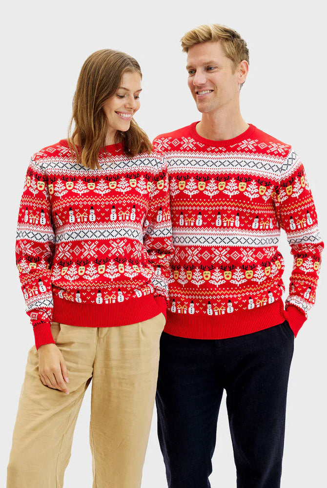 Suéter de Navidad Mujer y Hombre Rojo Muñecos Nieve Cenefas Algodón Orgánico