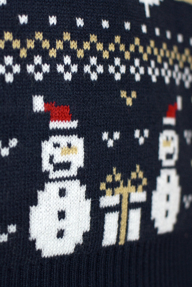 Suéter de Navidad para Mujer Muñecos Azul Nieve y Cenefas