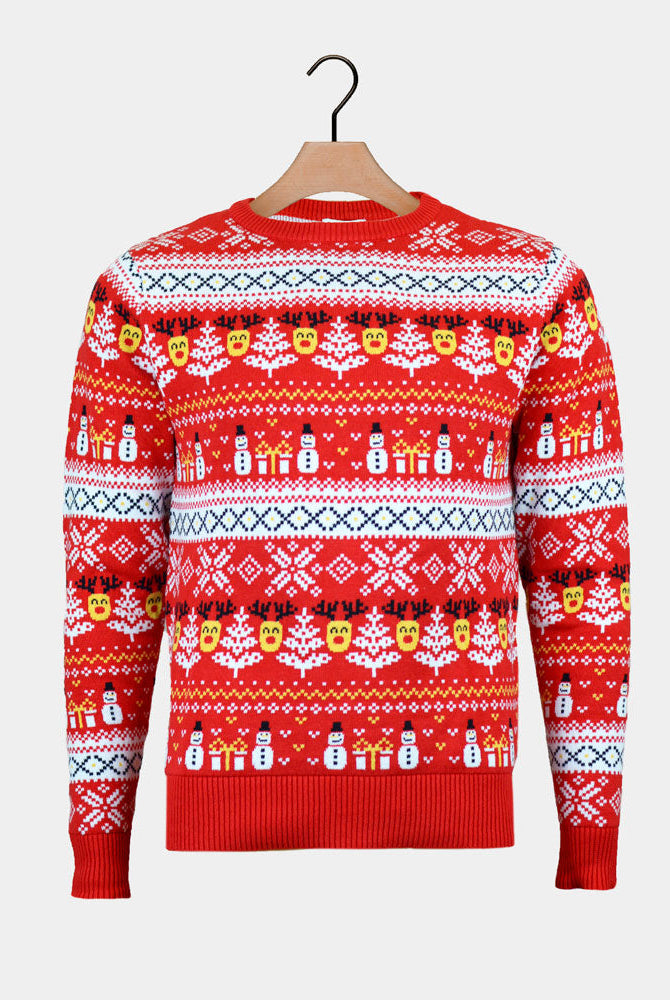 Suéter de Navidad Mujer Muñecos Nieve Cenefas Algodón Orgánico Rojo