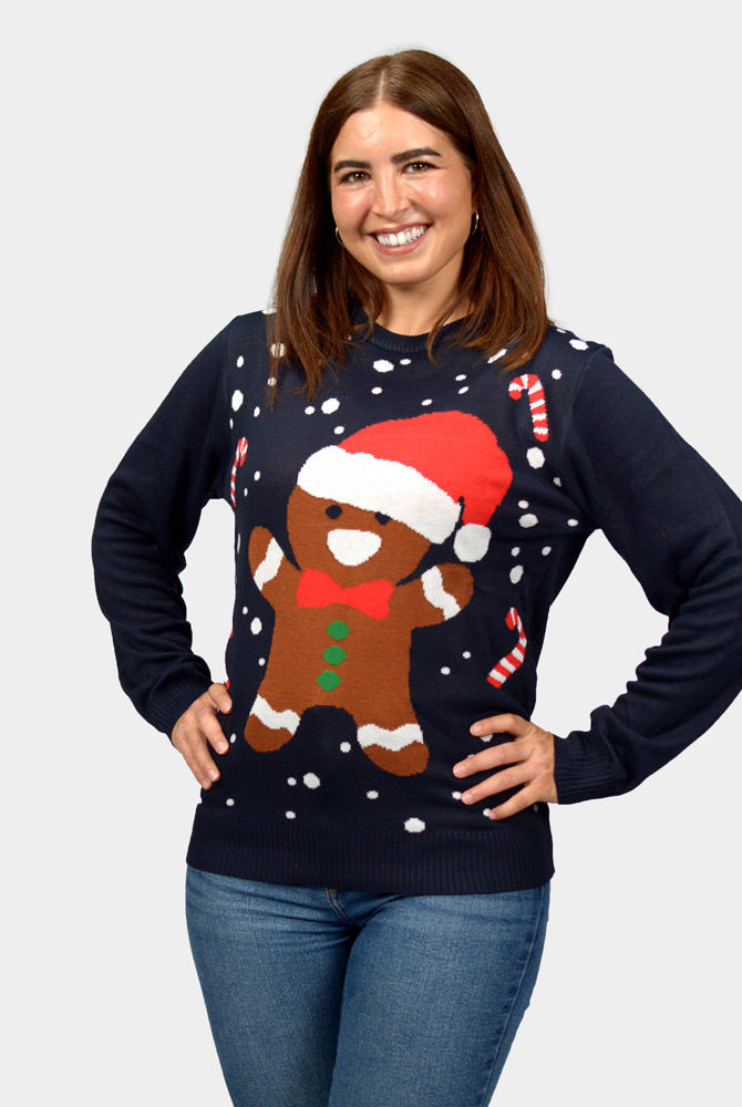 Mujer Suéter de Navidad Parejas Azul Gingerbread