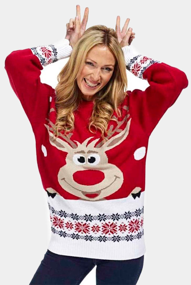 Suéter de Navidad para Mujer Rojo con Reno y Nieve Mujer
