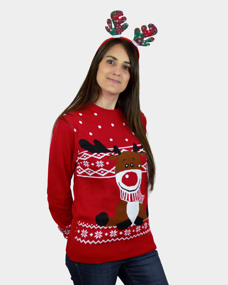 Suéter de Navidad Mujer Rojo Reno Rudolph Bufanda