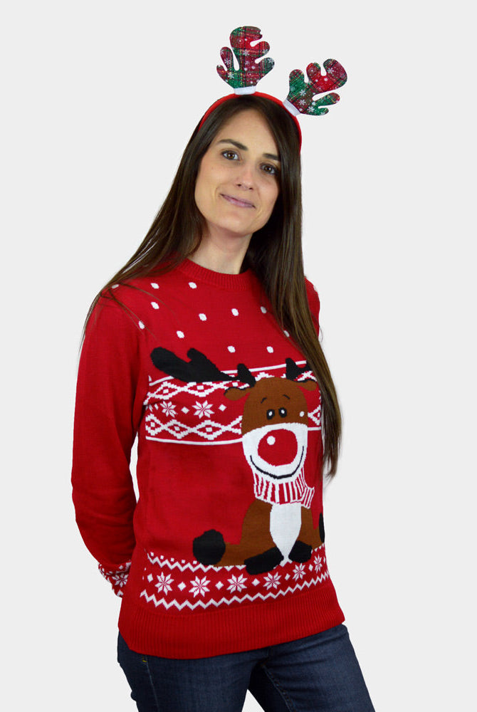 Suéter de Navidad Mujer Rojo Reno Rudolph Bufanda