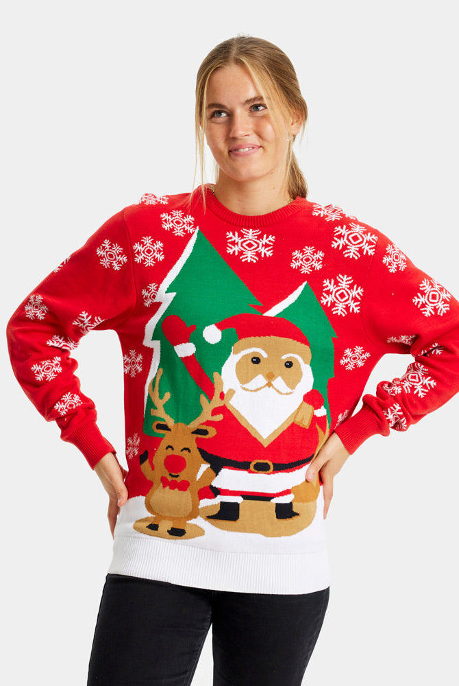Santa Claus y Reno Saludando Suéter de Navidad para Mujer Rojo