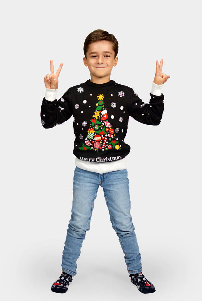 Suéter de Navidad con Árbol de Navidad para Niña y Niño Negro