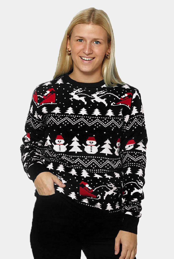 Suéter de Navidad Mujer Negro Árboles, Muñecos y Papá Noel